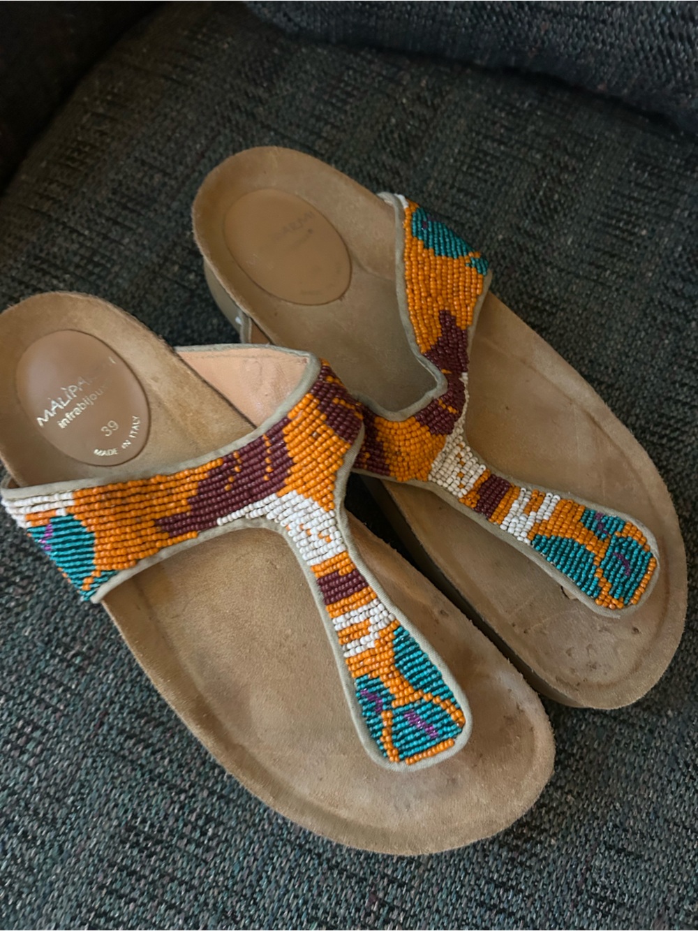 Maliparmi Tan Suede Thong Sandals with Orange, Teal & White Beadwork 39. 8.5